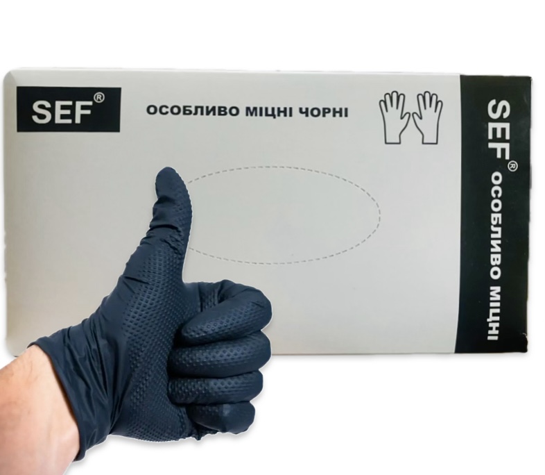 SEF Рукавички нітрилові ЗАХИСНІ особливо міцні ЧОРНІ, розмір XL